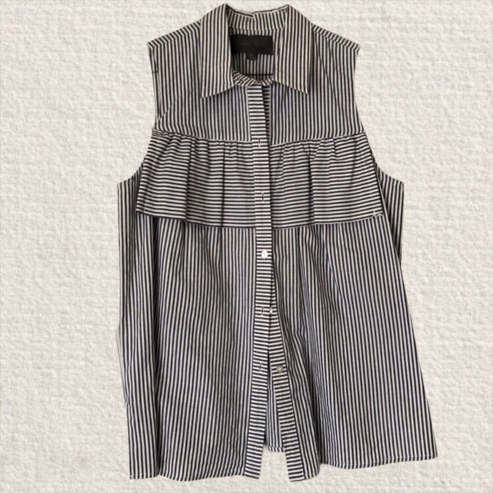 Navy and White Stripe Collared Tank with Ruffles